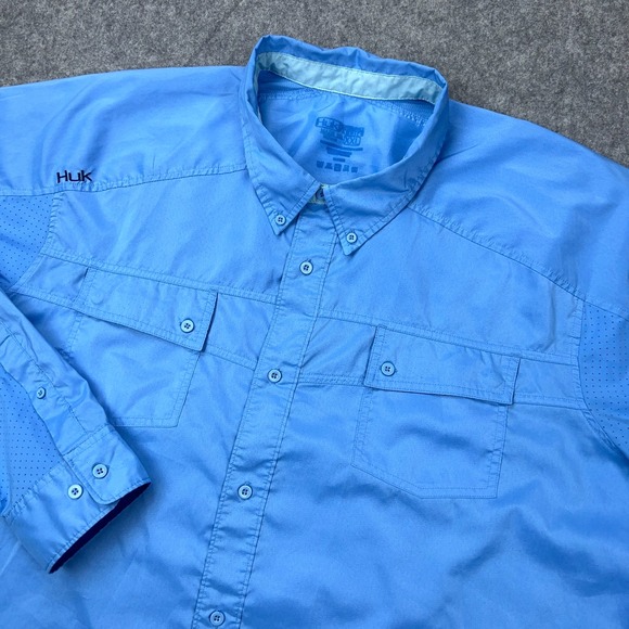 Huk Fishing Shirt Mens 2XL Blue Long Sleeve Performance Button Down Pockets VTG - Picture 1 of 13